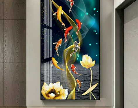 新中式九鱼图客厅玄关装饰画走廊过道鲤鱼现代...