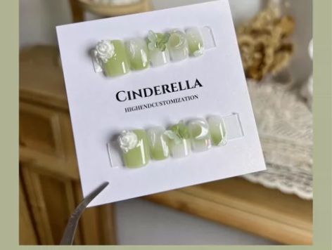 可来图定制  蝴蝶花朵冰透清新绿色系美甲 ...