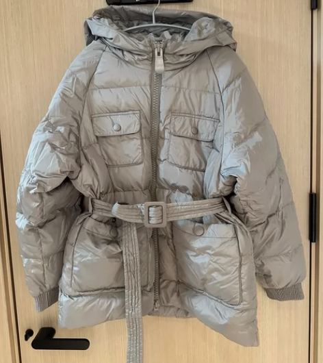 Re- blue灰色中长款系腰带鹅绒羽绒服...