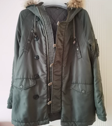 moussy女款带帽夹层长外套 棉服，军绿...