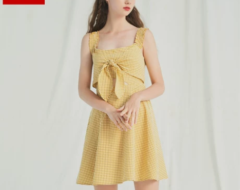 夏季新款日系甜美小清新蝴蝶结露肩格子吊带连...