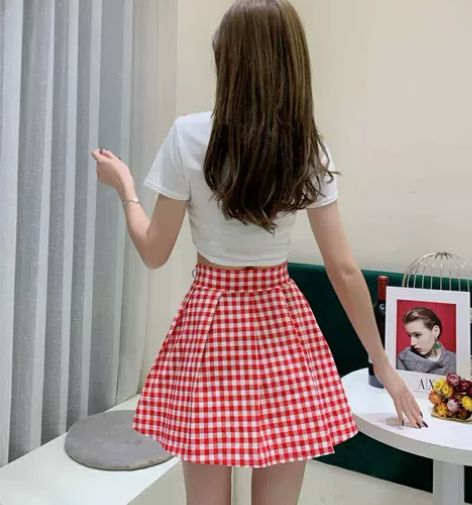 百搭大摆半身裙，格子裙，棉 腰围85