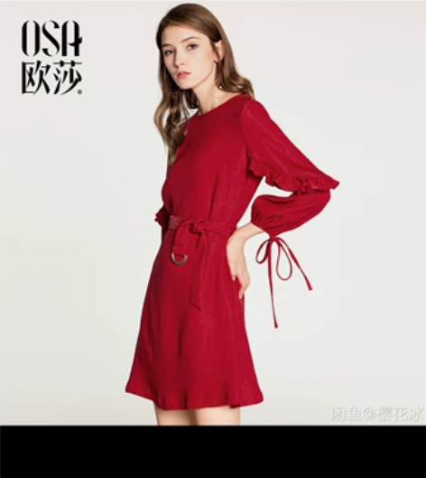 欧莎大红色连衣裙 165L 九分袖 全新 ...