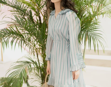 泡芙定制 李圣经款夏日寒烟 可收腰褶皱条纹...