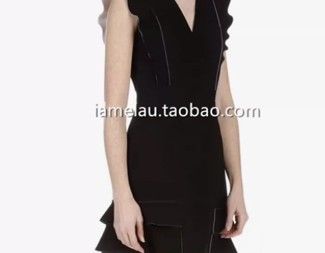 ELAU 黑色荷叶边V领连衣裙定制独定制面...