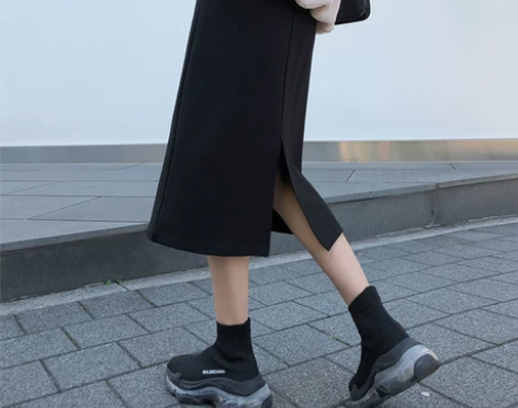 ?半身裙女秋冬黑色开叉包臀高腰A字毛呢一步...