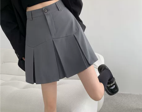 小个子灰色半身裙设计感百褶裙学院风大码高腰...