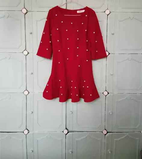 S码，全新，春装新款高端钉珠韩版修腰中袖鱼...