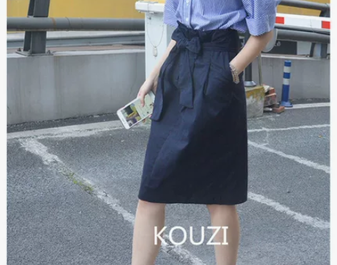 KOUZI藏蓝色复古花苞裙夏韩版百搭高腰半...