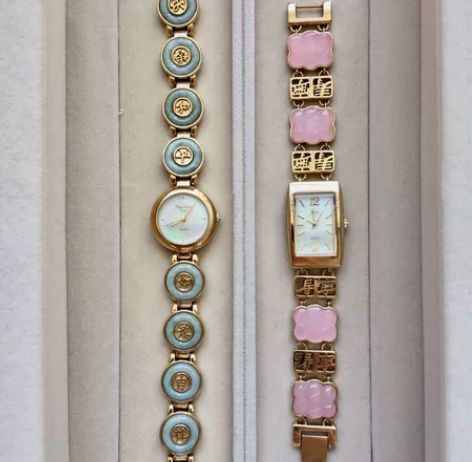 vintage马卡龙天然粉绿玉石电子手表手...