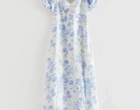 泡泡袖亚麻中长连衣裙气质碎花裙##amp；...