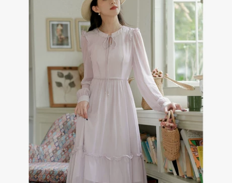 雪纺连衣裙女春装2023年新款高端精致收腰...