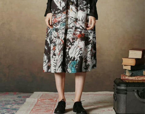 达衣岩水墨印花舒适亚麻裙子+休闲中长款文艺...