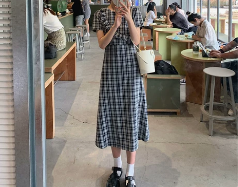 吱呤 连衣裙女夏超a裙子格纹法式复古学院风...
