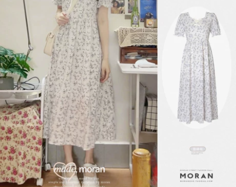 法式森系田园风小碎花连衣裙小清新泡泡袖甜美...