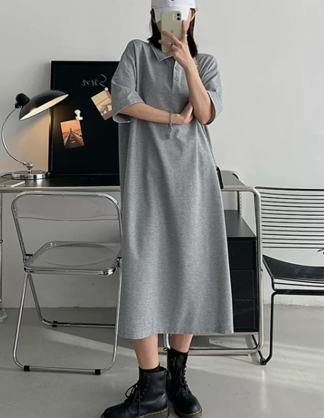 sun柚 韩系简约慵懒 Polo领连衣裙女...
