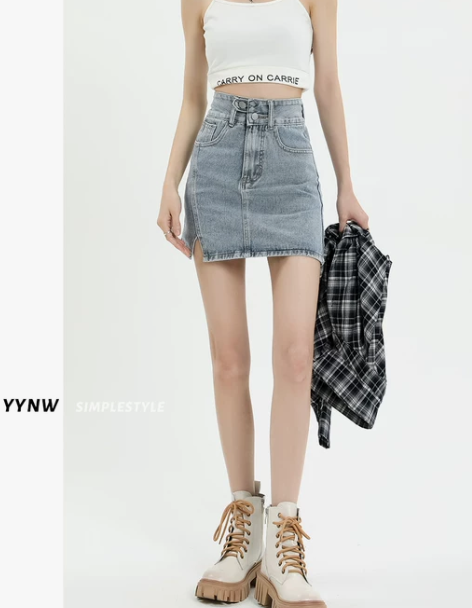 2023春季新款浅蓝色开叉牛仔短裙A字裙