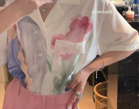 法式印花短袖衬衫女设计感小众衬衣复古宽松显...
