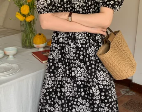 实拍 法式茶歇气质方领一字肩两穿收腰显瘦碎...