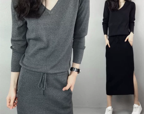 春秋季长袖针织V领气质系带收腰学院风过膝