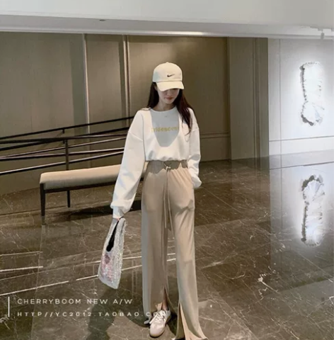 小番茄定制休闲裤女春季韩版宽松高腰竖条纹直...