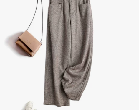 秋冬人字纹毛呢阔腿裤女小个子九分裤宽松休闲...