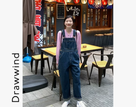画风drawwind牛仔背带裤女韩版宽松直...