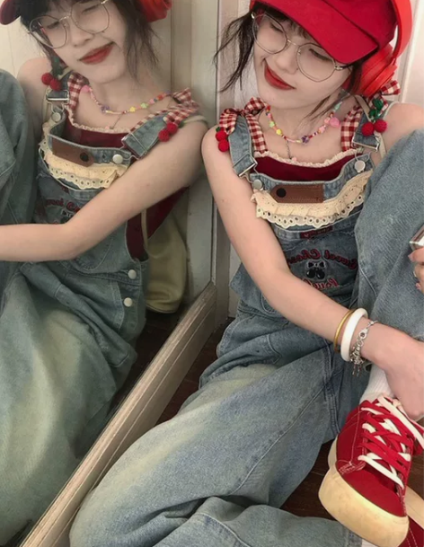 美式复古牛仔背带裤女夏季宽松显瘦减龄小个子...