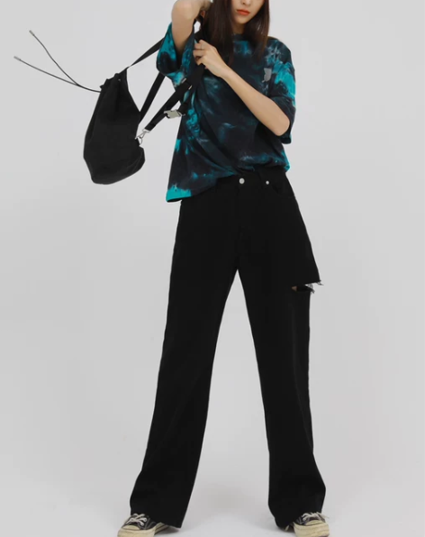 牛仔裤 牛仔长裤薄款黑色高腰破洞女夏季20...