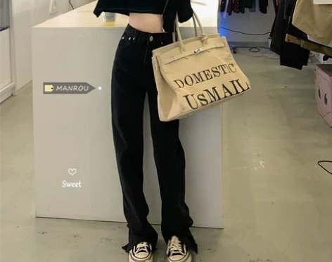 开叉牛仔裤女春秋小个子分衩微喇叭裤冬季直筒...