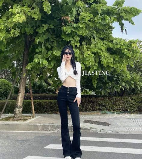 JIASTING秋新黑色百搭甜美微喇叭牛仔...