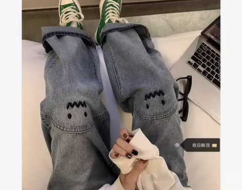 大码胖妹妹绣花牛仔裤女春秋新款刺绣阔腿裤高...