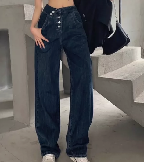 大码不对称高腰水洗直筒牛仔裤女胖mm202...