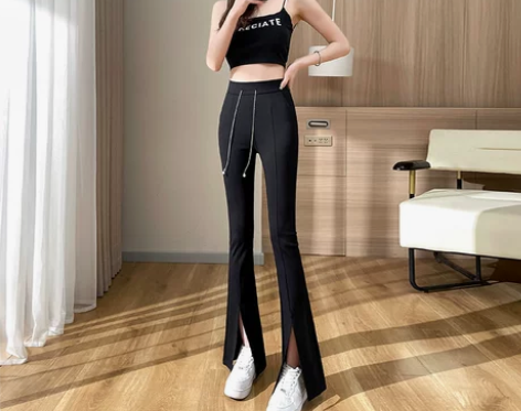 链条微喇裤女前开叉西装裤2023新款休闲神...