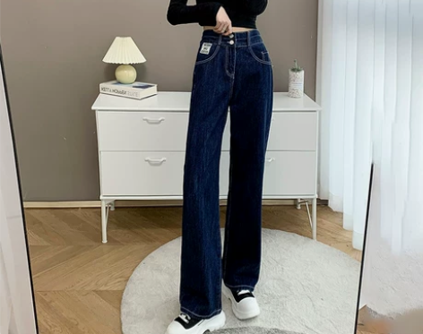 拉夏贝尔深蓝色直筒牛仔裤女宽松春装新款高腰...