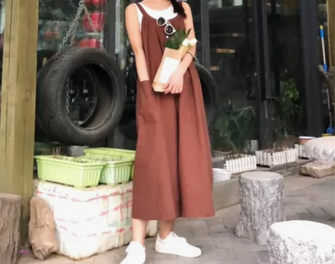夏季新款韩版中长款宽松棉麻背带裤女时尚百搭...