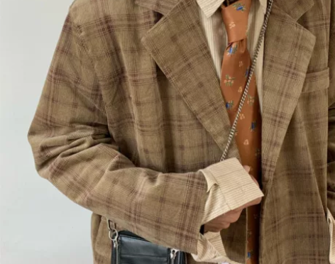 C2自制/复古灯芯绒格子西装秋季年代感宽松...