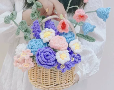 毛线花篮钩针钩织花朵郁金香玫瑰铃兰风礼物生...