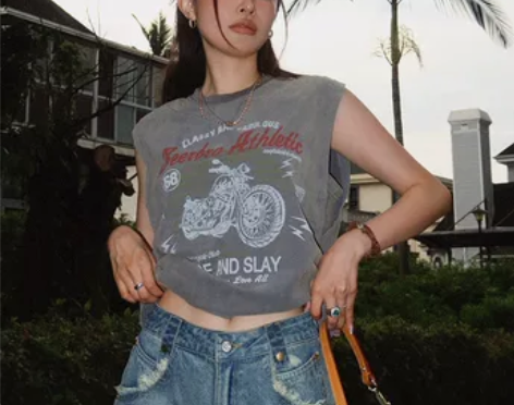 BeerBro 美式复古机车做旧坎肩背心女...