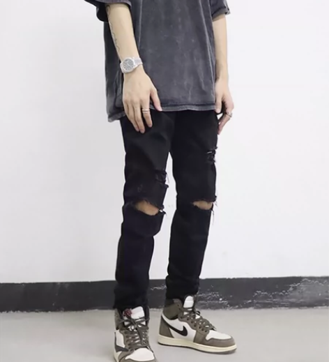 POCKET INS修身高街黑色破洞牛仔裤...