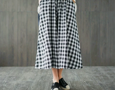 12.1复古格子女裤松紧腰系带阔腿裤文艺宽...