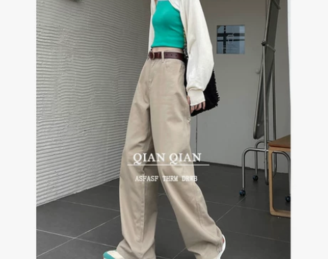 奶酷日系卡其色直筒裤2021新款高腰阔腿牛...