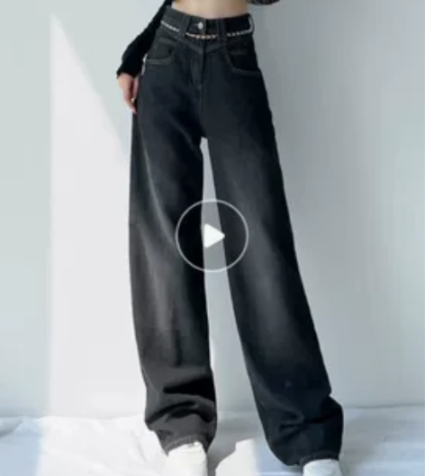 黑色高腰梨形身材宽松阔腿拖地直筒牛仔裤女2...