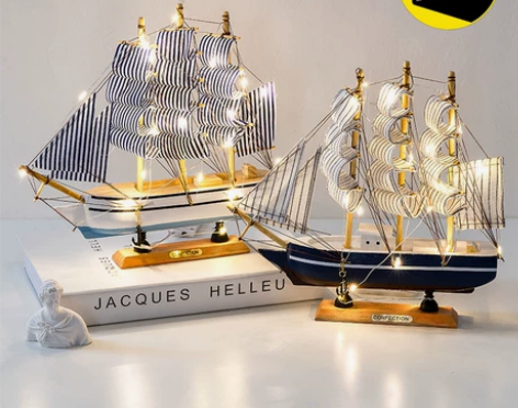 【创意礼品】带灯帆船模型创意小摆件木质带灯...