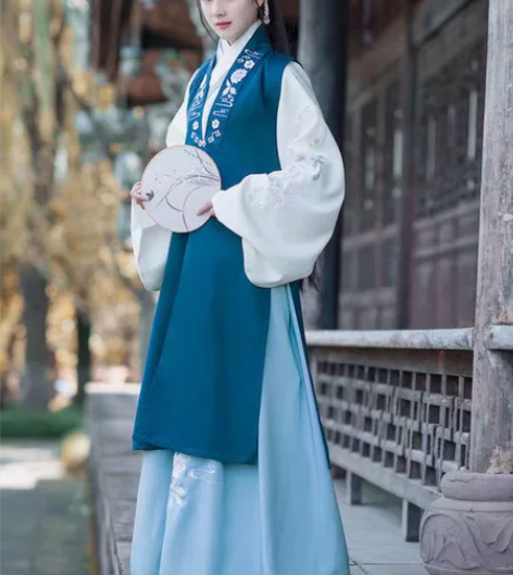 如梦霓裳汉服 明制比甲宣清蓝色 尺码155...