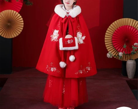 ?女童拜年服汉服冬季加厚加绒冬装红色古装儿...