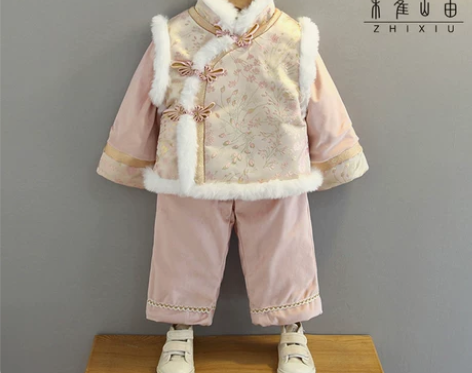 女童汉服拜年服加绒加厚冬小女孩唐装过年服喜...
