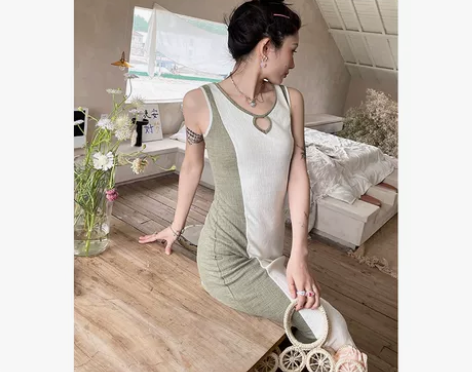 Whateverlab针织拼色连衣裙丨挖空...