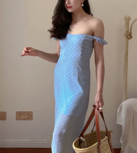 DADANA 法式风情温水淡蓝色波点长裙 ...