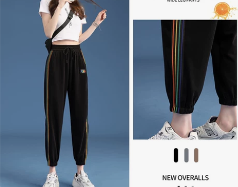 拉夏贝尔运动裤女束脚夏高腰宽松冰丝速干九分...